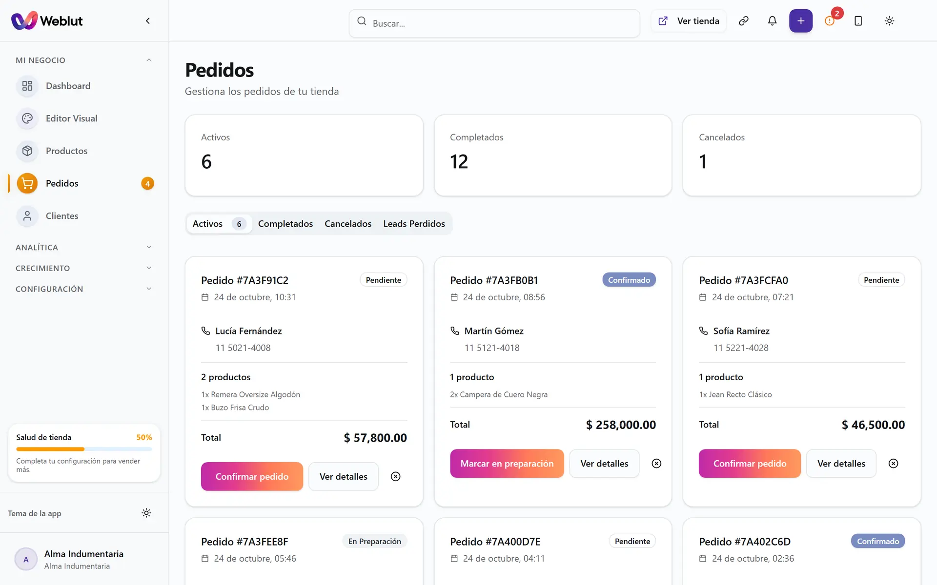 Panel de Weblut: pedidos activos con el cliente, los productos, el total y el botón para confirmar