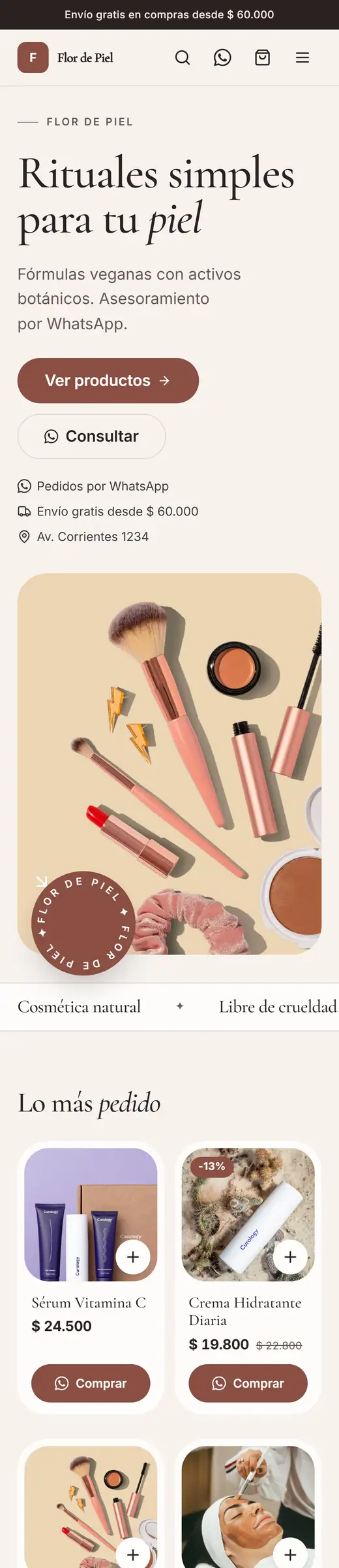 Una tienda armada con la plantilla Calma, con fotos y productos