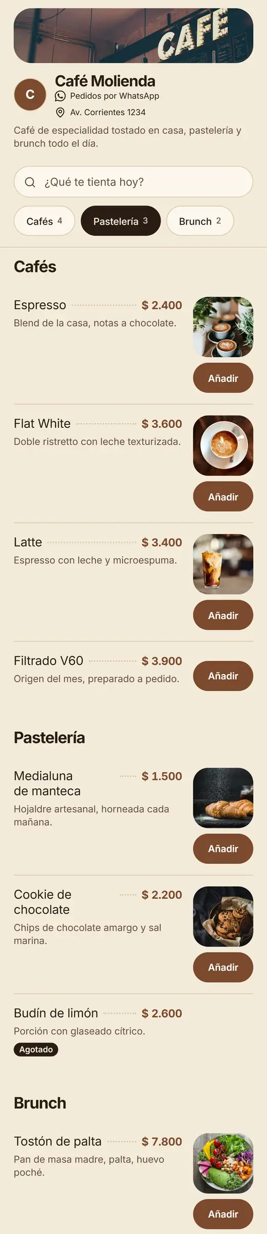 Carta digital de una cafetería
