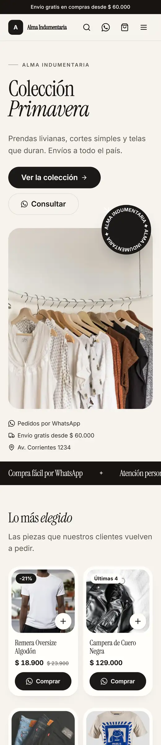 La tienda de ejemplo en el celular, con la plantilla Editorial de Weblut