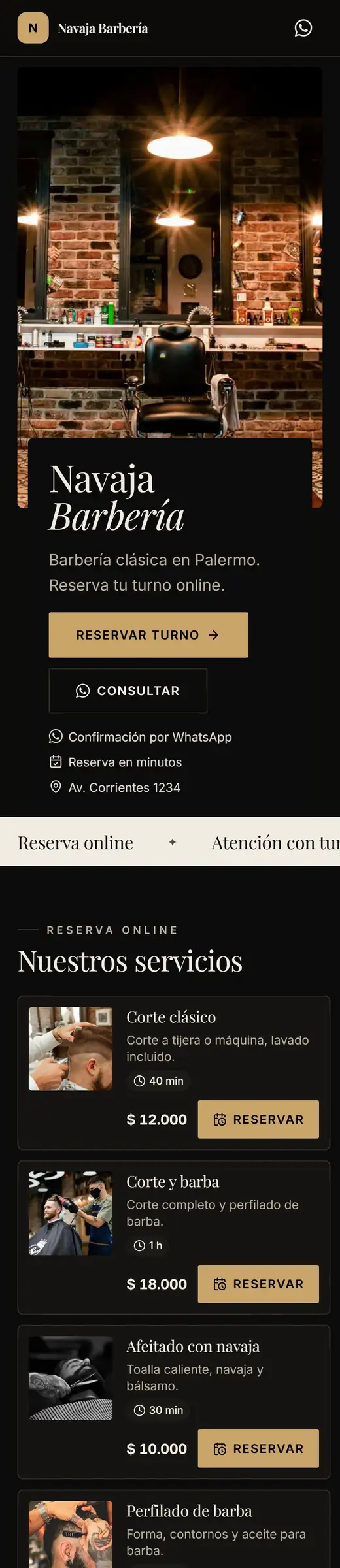 Página de reservas de una barbería